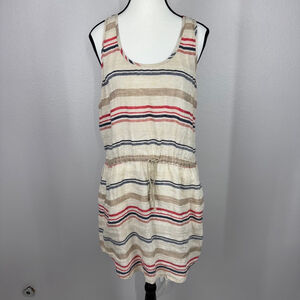 Hinge Mini Tank Dress Junior 1 Beige Striped Linen Summer Sleeveless Drawstring